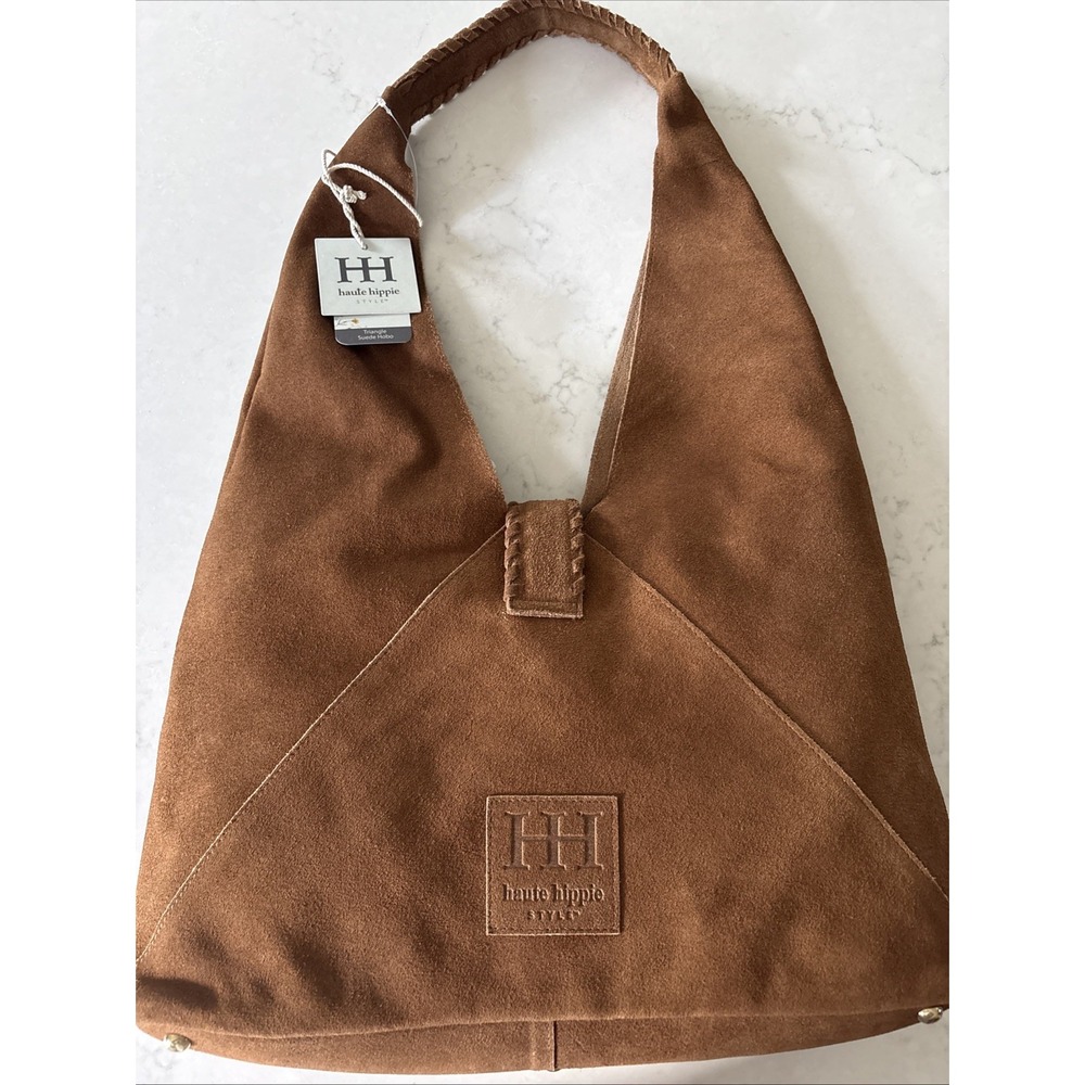 Haute Hippie Leather Triangle Suede Hobo Shoulder Bag Brown Festival Boho Purse